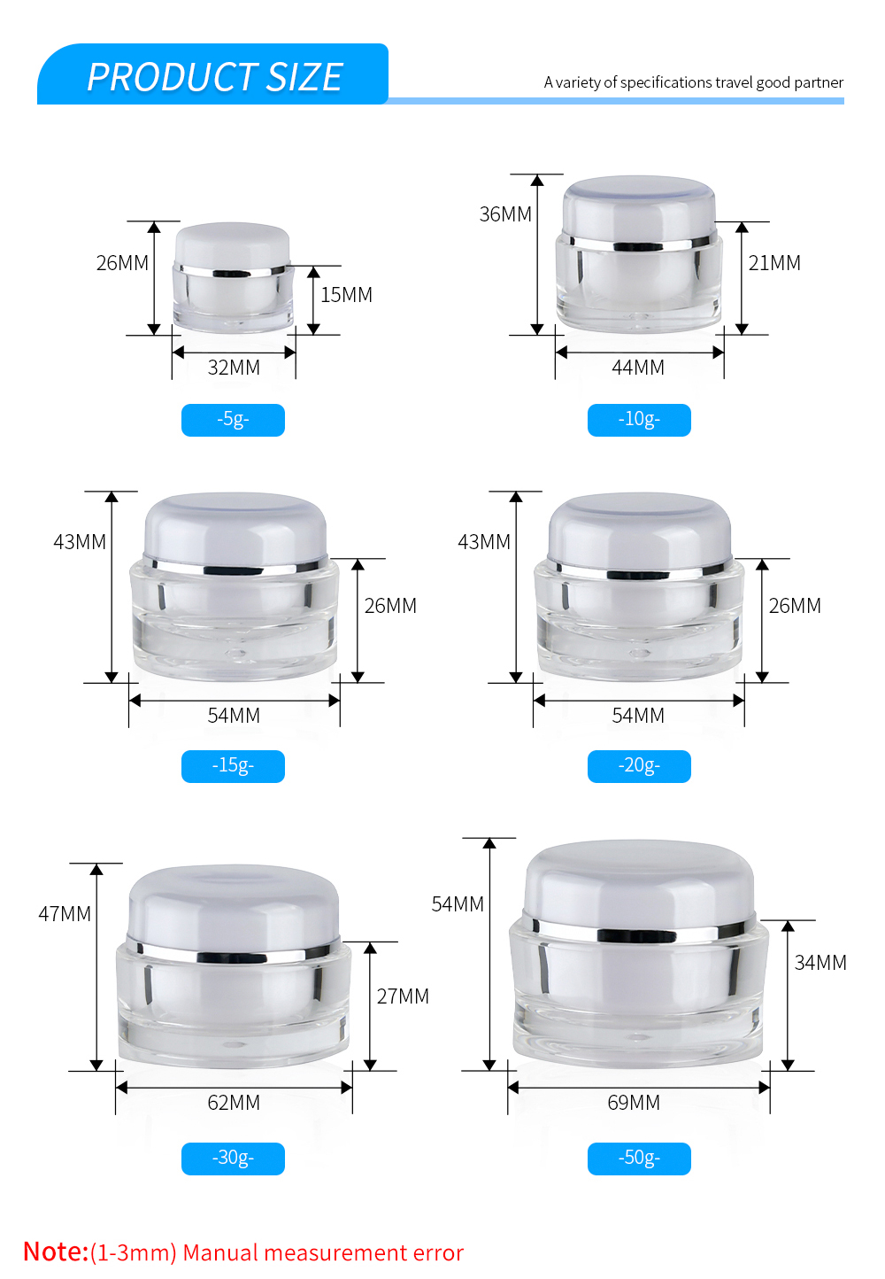Round Double Wall Plastic Eye Face Cream Jar size Размер круглой пластиковой банки для крема для лица с двойными стенками