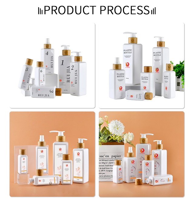 White Square Plastic Pump Bottle with Bamboo Wooden Lid Белая квадратная пластиковая бутылка-насос с бамбуковой деревянной крышкой