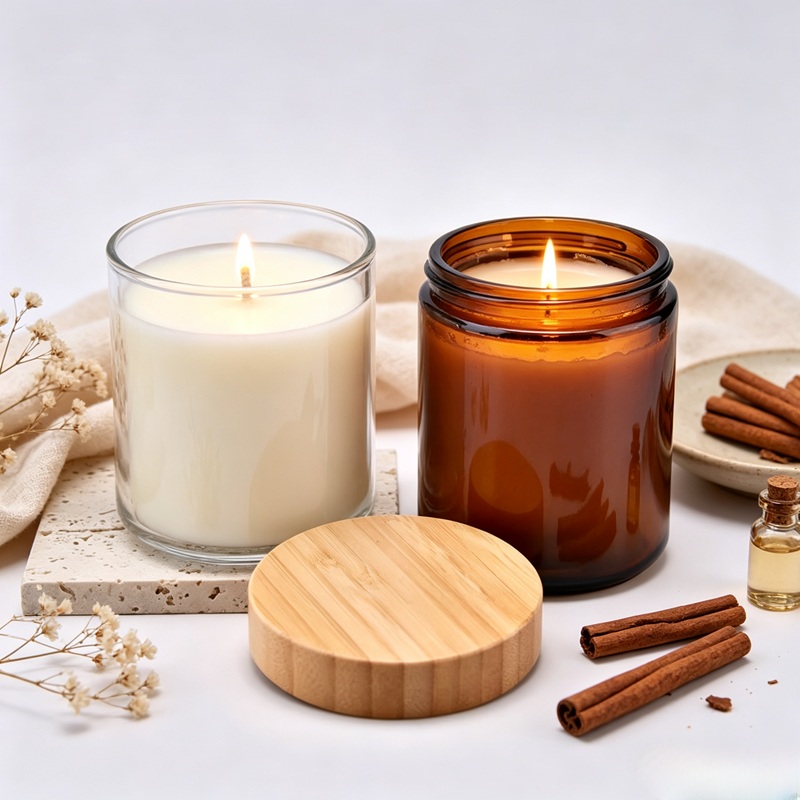Clear Amber Round Wax Container Glass Candle Jars With Bamboo Lid Прозрачный янтарь, круглый восковой контейнер, стеклянные банки для свечей с бамбуковой крышкой.