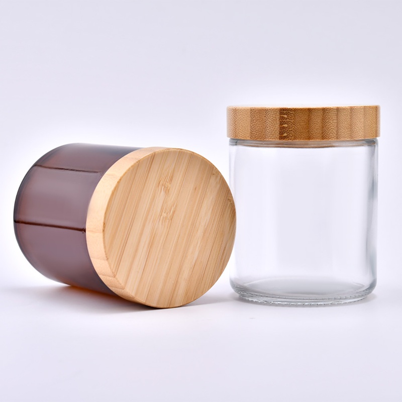 Clear Amber Round Wax Container Glass Candle Jars With Bamboo Lid Прозрачный янтарь, круглый восковой контейнер, стеклянные банки для свечей с бамбуковой крышкой.