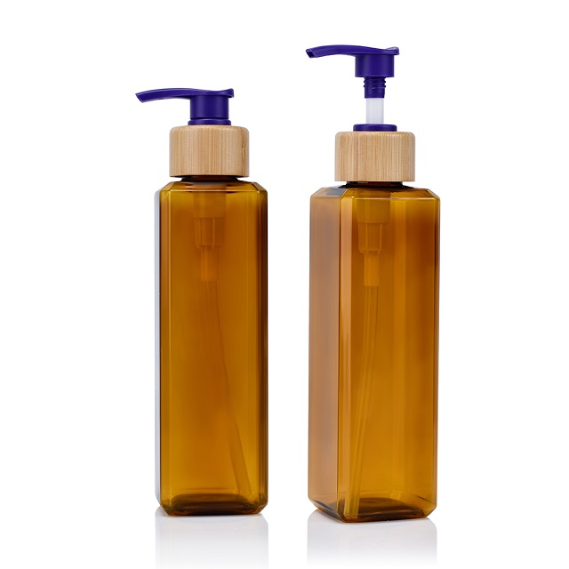 120 мл 250 мл Контейнер для косметической упаковки Шампунь для тела Янтарный матовый Квадратная пластиковая бутылка для домашних животных с бамбуковой крышкой