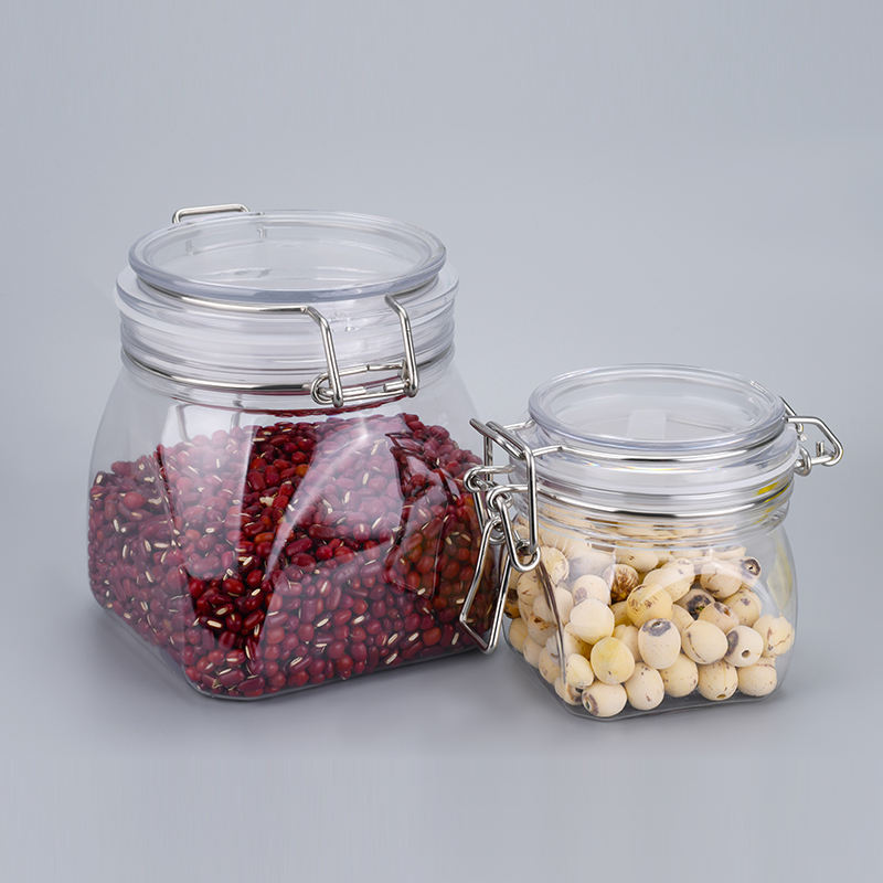 Пищевой кухонный прозрачный пластик для хранения домашних животных, уникальные пустые герметичные банки для печенья с медовым джемом, зажимом для верхней части банки с металлической крышкой, банки с металлическим зажимом