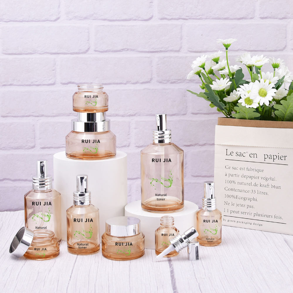 15 мл, 30 мл, 60 мл, 100 мл, наборы янтарной косметической упаковки для ухода за кожей, сыворотка-капельница, насос для лосьона, стеклянная бутылка и стеклянная косметическая банка