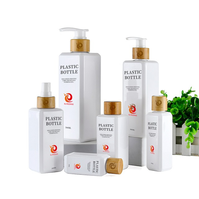 Спрей для шампуня 100 мл 200 мл 250 мл 500 мл Белая квадратная пластиковая бутылка-насос с деревянной крышкой из бамбука