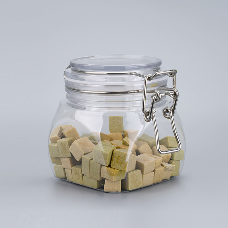 Пищевой кухонный прозрачный пластик для хранения домашних животных, уникальные пустые герметичные банки для печенья с медовым джемом, зажимом для верхней части банки с металлической крышкой, банки с металлическим зажимом