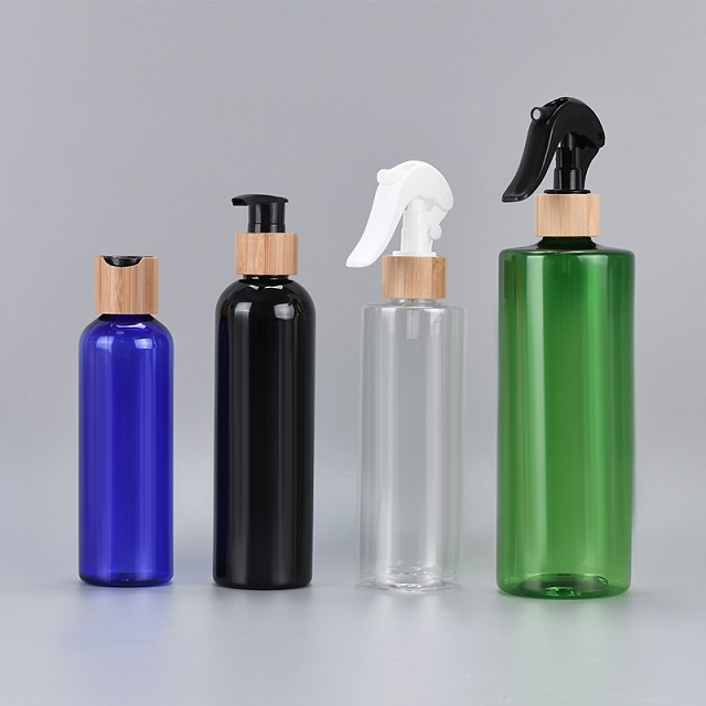 Пустая пластиковая бутылка для шампуня 100 мл, 8 унций, 250 мл, 300 мл, 500 мл, прозрачная белая пластиковая бутылка для лосьона-спрея с насадкой, бамбуковая деревянная крышка