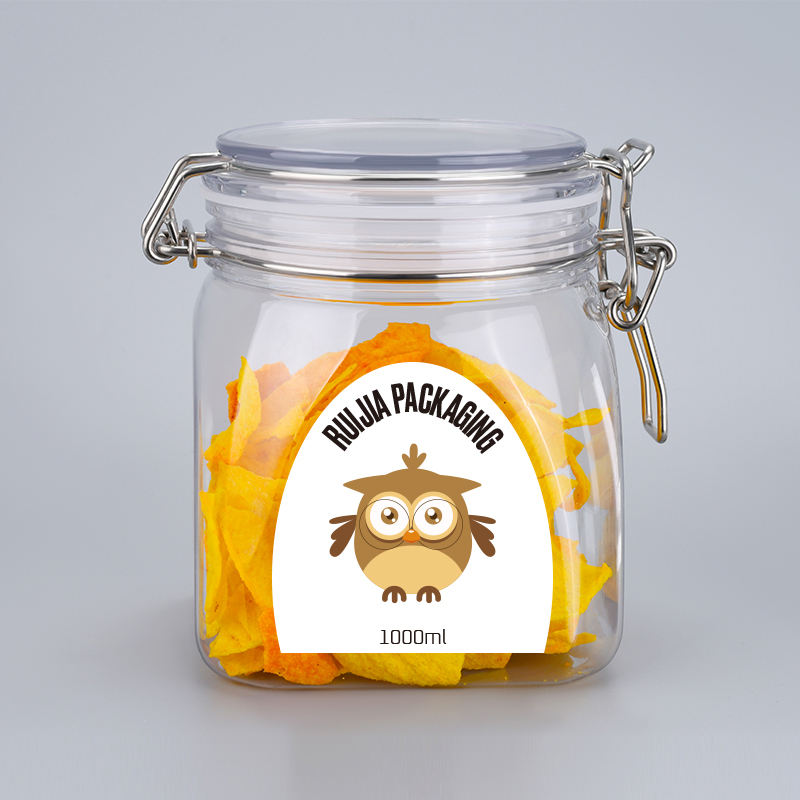 Пищевой кухонный прозрачный пластик для хранения домашних животных, уникальные пустые герметичные банки для печенья с медовым джемом, зажимом для верхней части банки с металлической крышкой, банки с металлическим зажимом