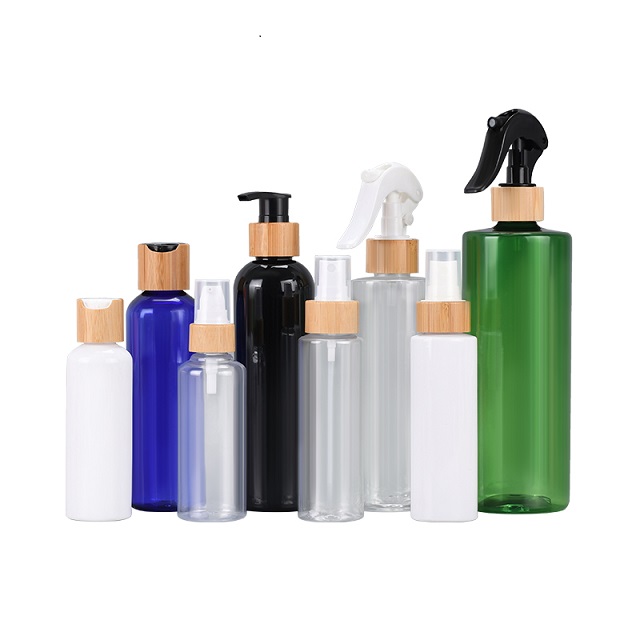 Пустая пластиковая бутылка для шампуня 100 мл, 8 унций, 250 мл, 300 мл, 500 мл, прозрачная белая пластиковая бутылка для лосьона-спрея с насадкой, бамбуковая деревянная крышка